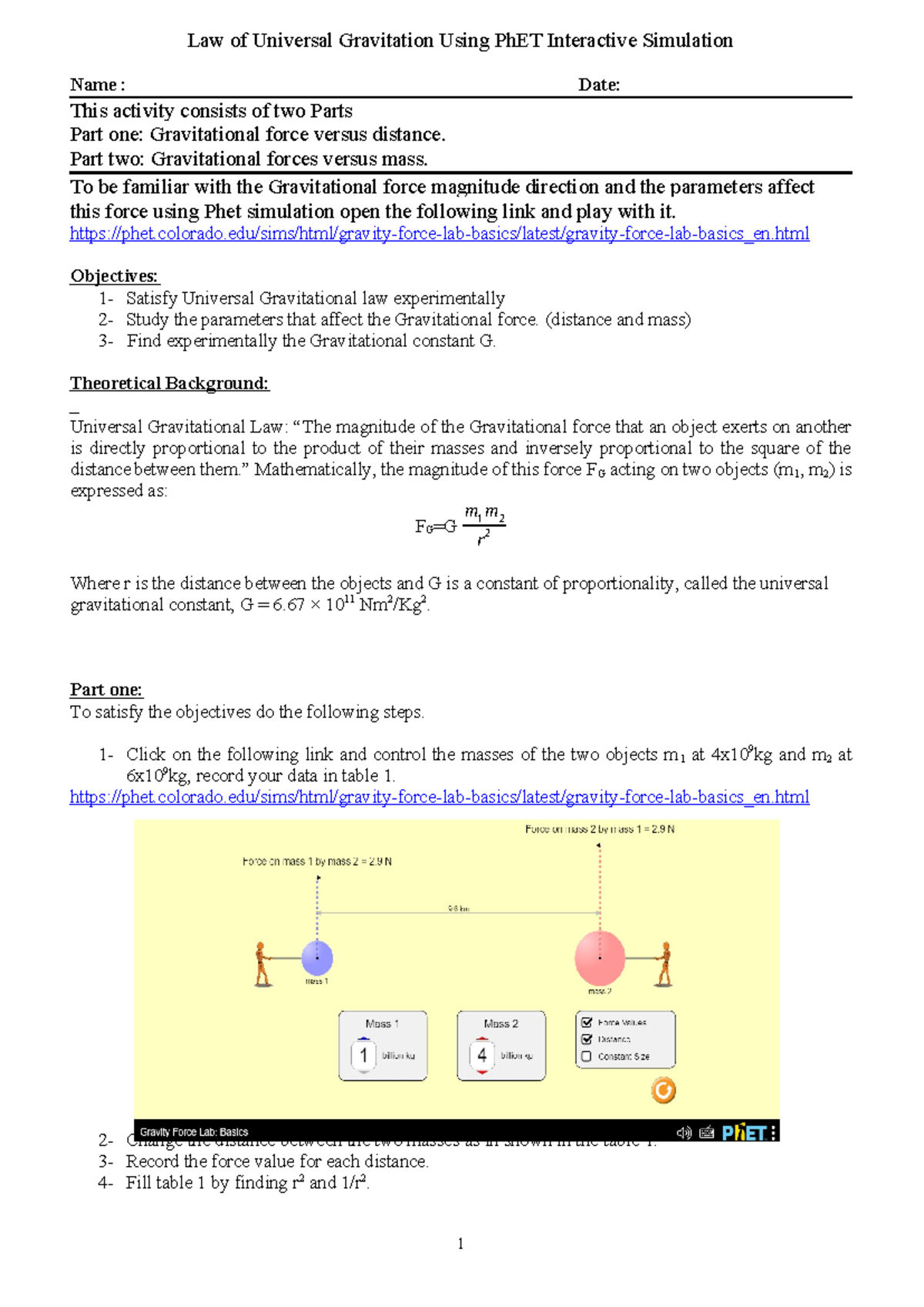 Law of Universal Gravitation Ph ET - Part two: Gravitational forces ...