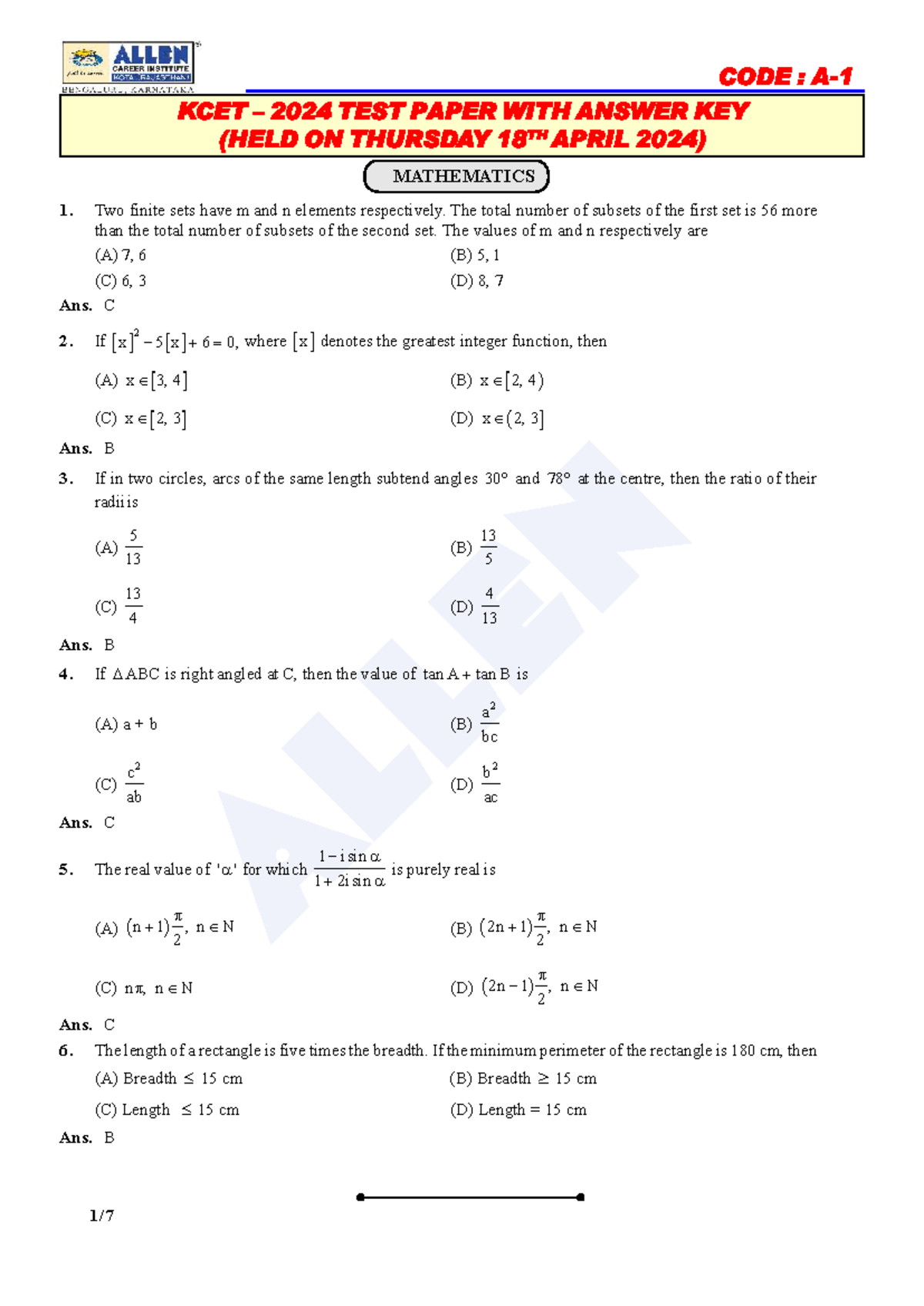 Maths answer key - question paper with asnwers - MATHEMATICS 1. Two ...