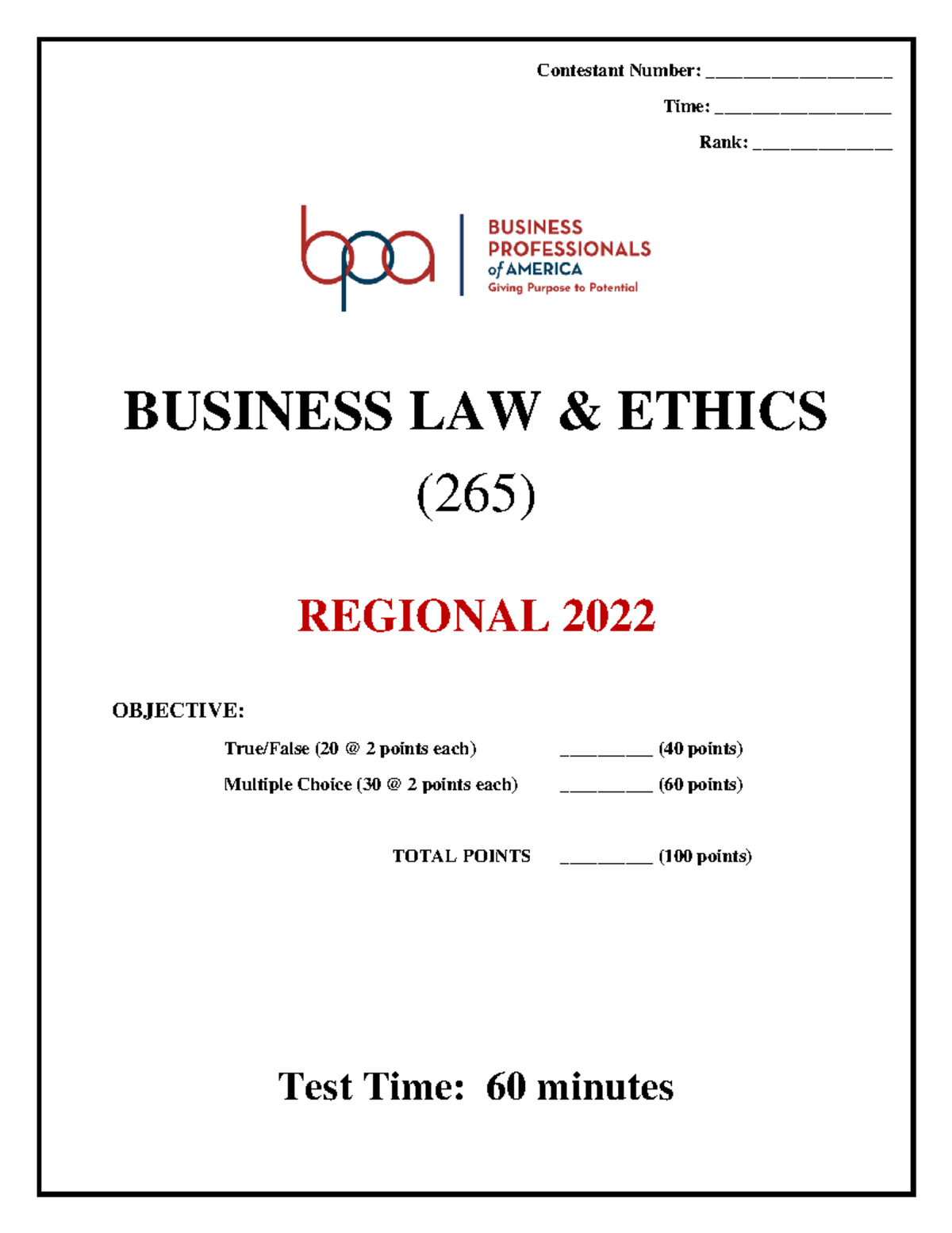 265 Business Law & Ethics Regional Exam 2022 - Multiple Choice & T/F ...