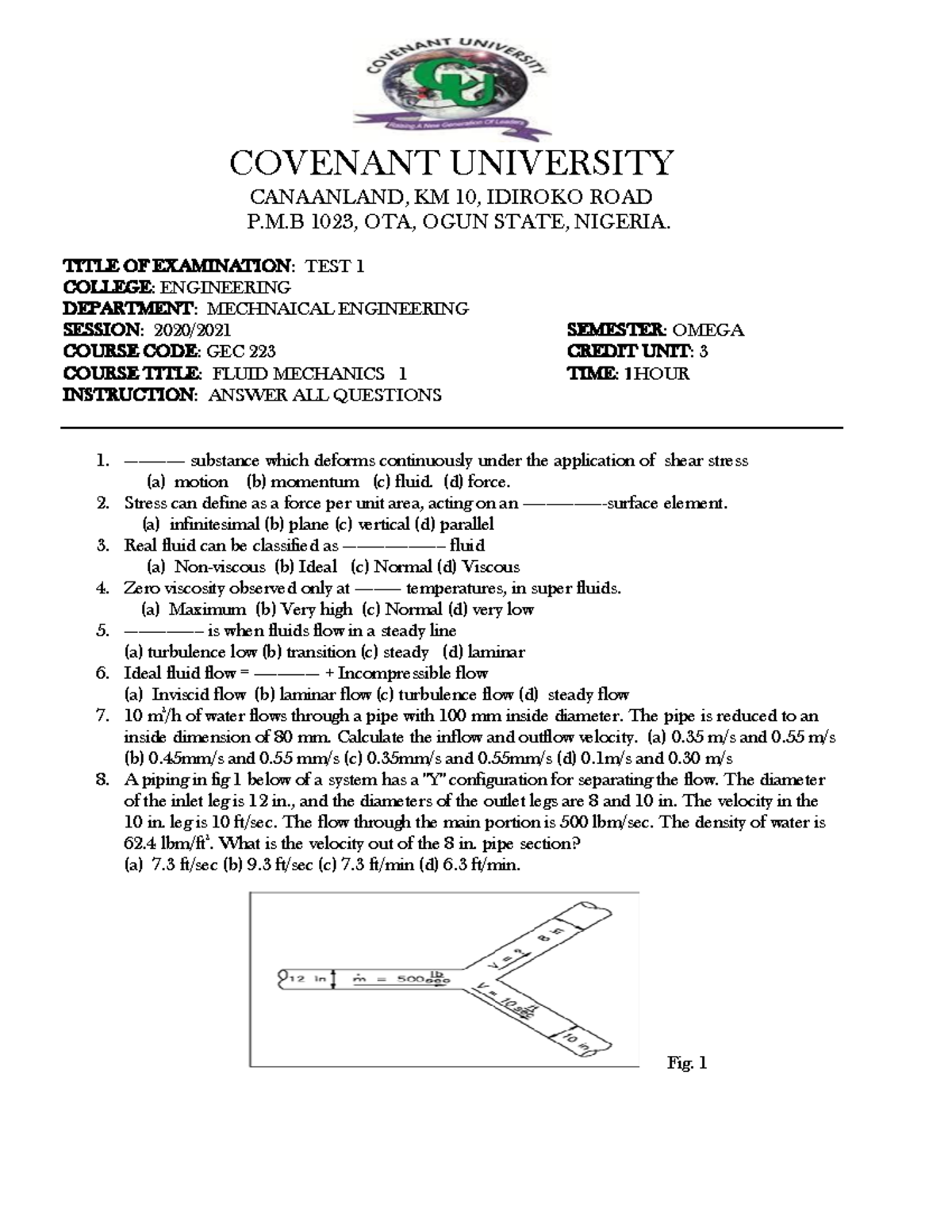 GEC 223 2021 Fluid Mechanics Test 1 Study Guide - Studocu