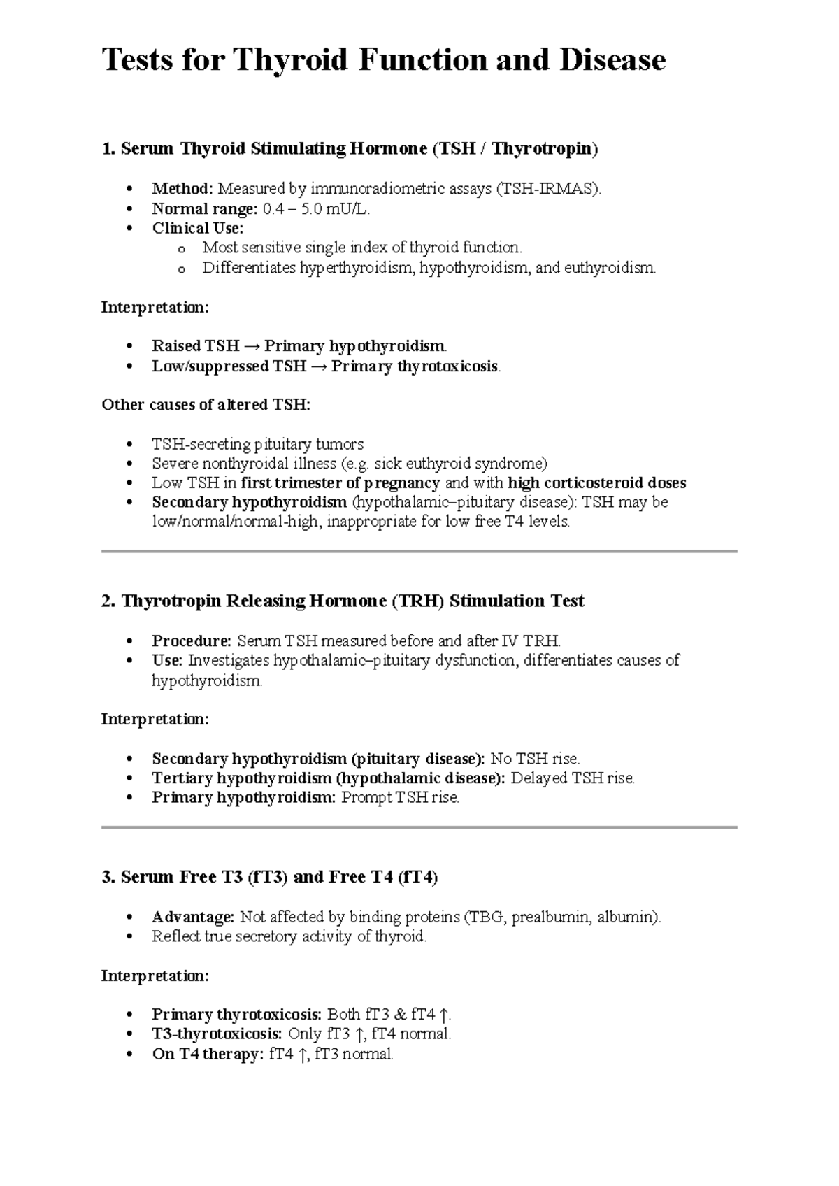 Thyroid Function Tests: TSH, TRH, fT3, fT4, and More - Studocu