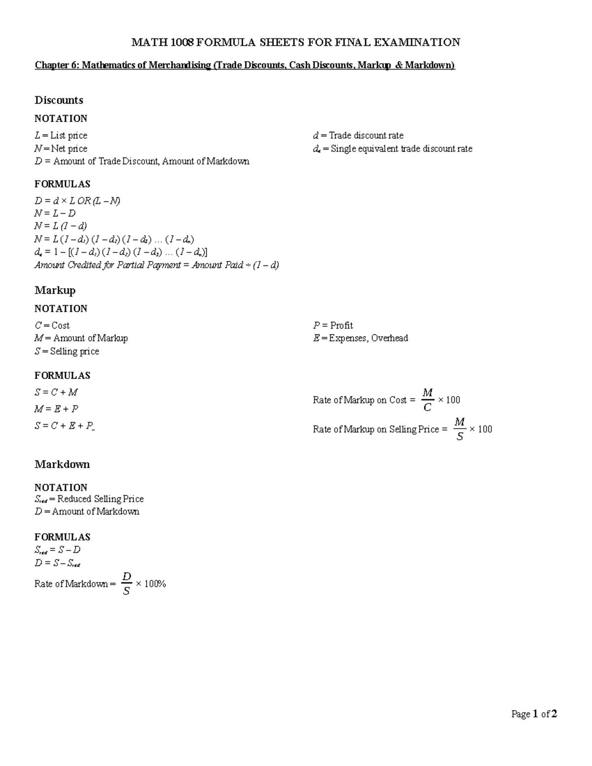 MATH 1008 Final Exam Formula Sheets: Merchandising Math - Studocu