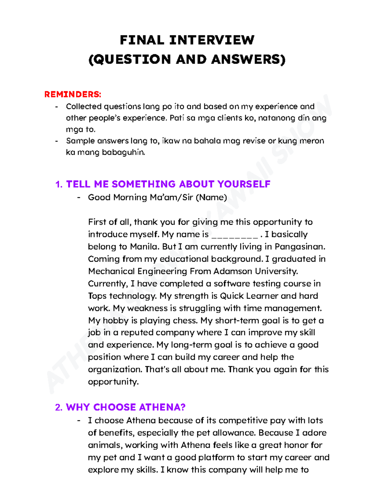 Athena Snow Interview Tips and Guidelines - Final Interview Notes - Studocu