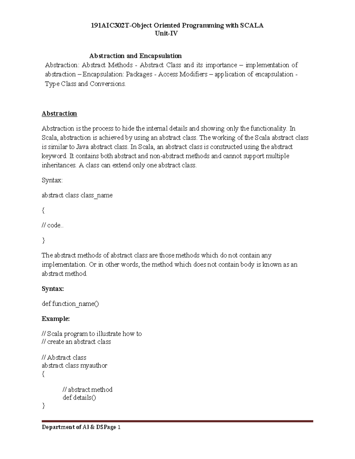 Unit 4: OOP Concepts in Scala - Abstraction & Encapsulation Notes - Studocu