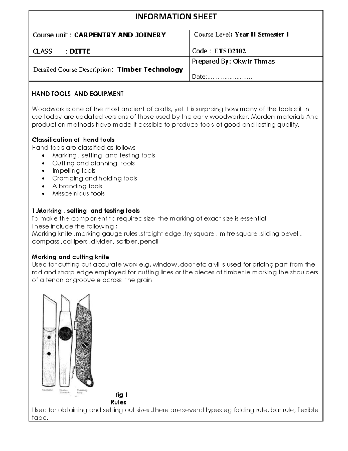 Hand Tools in Carpentry & Joinery (ETSD2102) - Year II, Sem I - Studocu