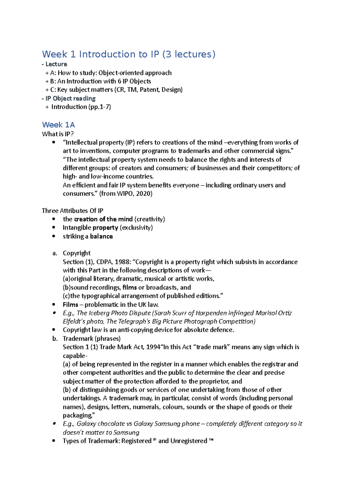 Week 1 Introduction to IP - ” “The intellectual property system needs ...