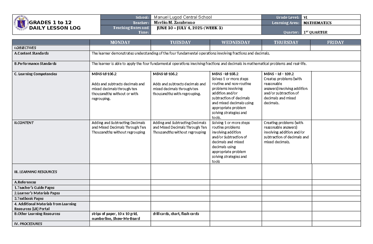 DLL Mathematics 6 Q1 W3: Daily Lesson Log for Adding & Subtracting ...