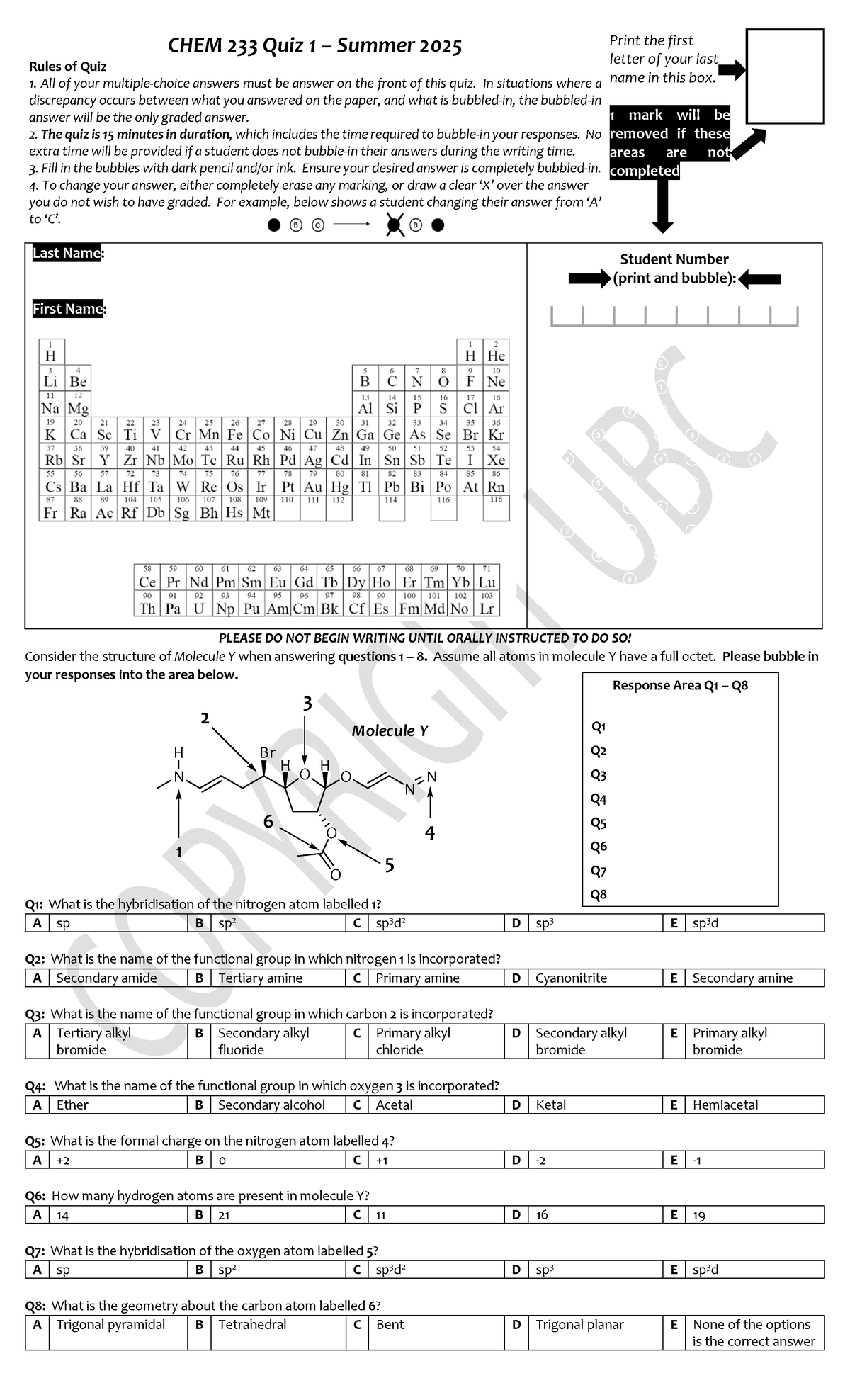 CHEM 233 Quiz 1 Blank Key - Summer 2025 Instructions and Responses ...