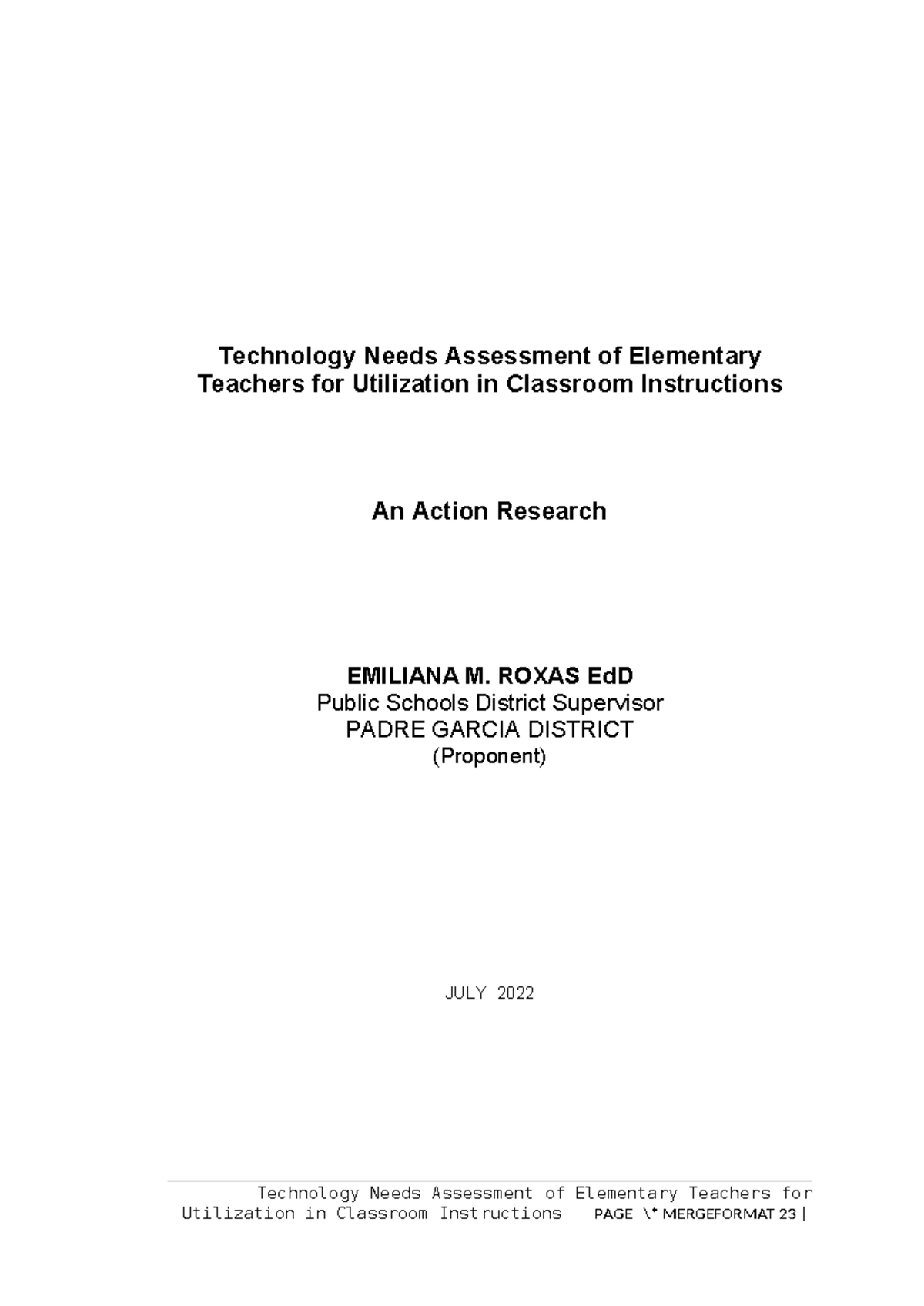 Technology Needs Assessment for Elementary Teachers in Classroom ...