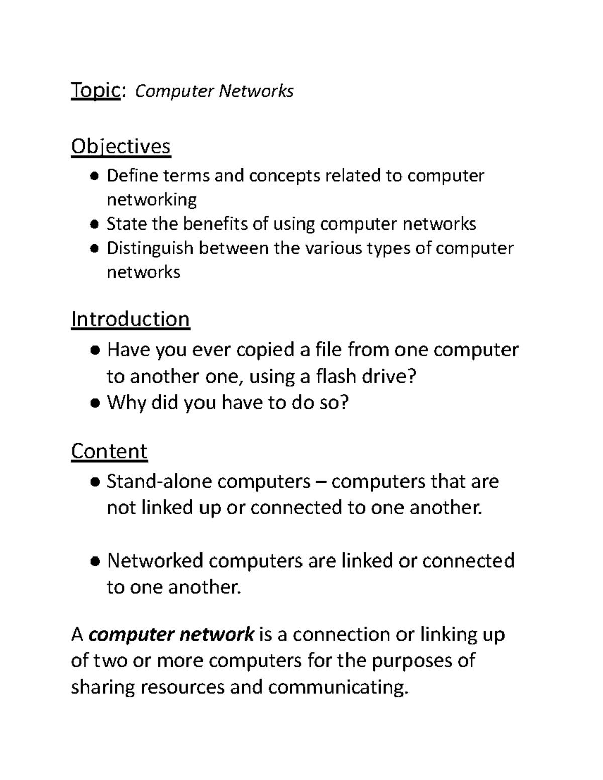 Week 6 Lesson - Computer Networks - Topic: Computer Networks Objectives ...