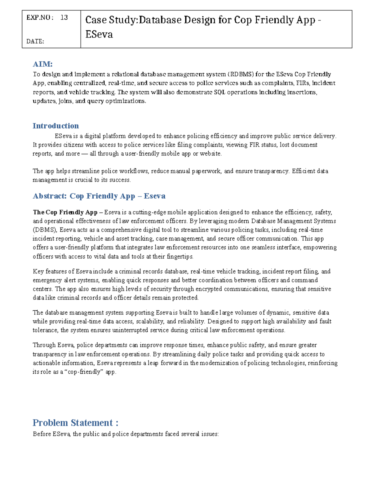 Case Study: Database Design for ESeva Cop Friendly App (EXP.NO: 13 ...
