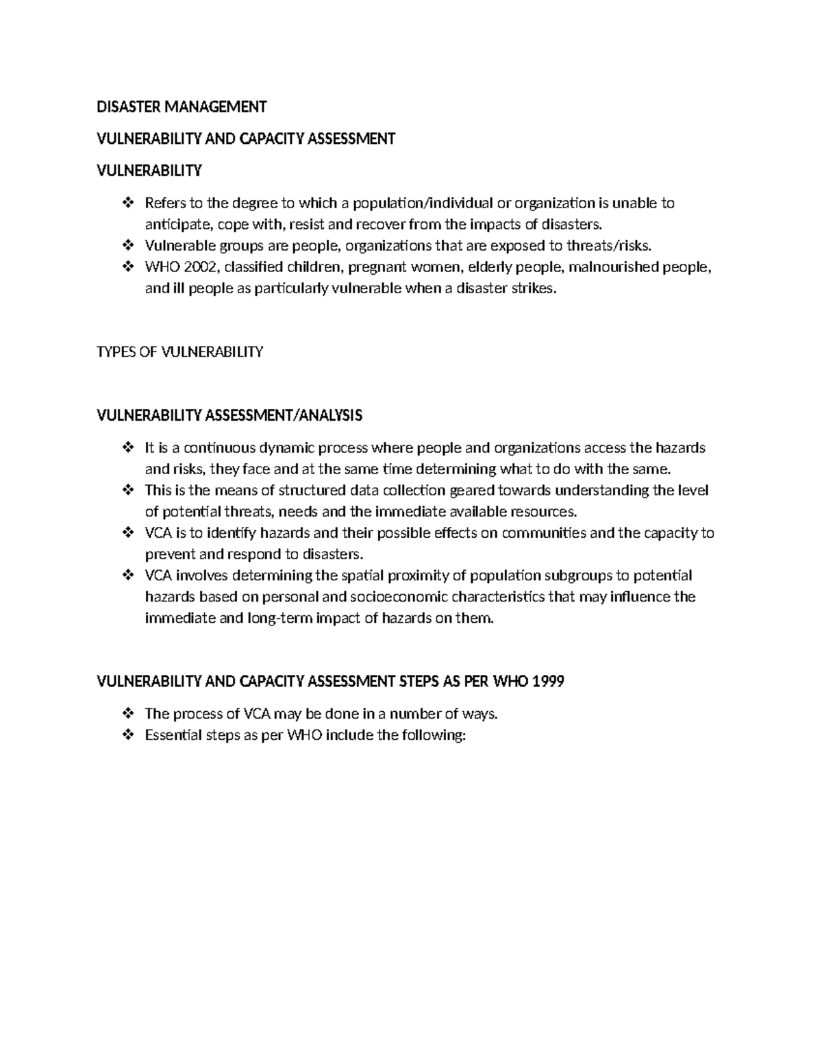 Vulnerability Assessment - DISASTER MANAGEMENT VULNERABILITY AND ...