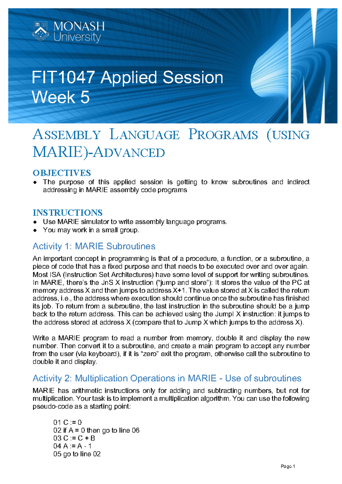 FIT1047 Applied Session Week 05 - Page 1 +- ASSEMBLY LANGUAGE PROGRAMS ...