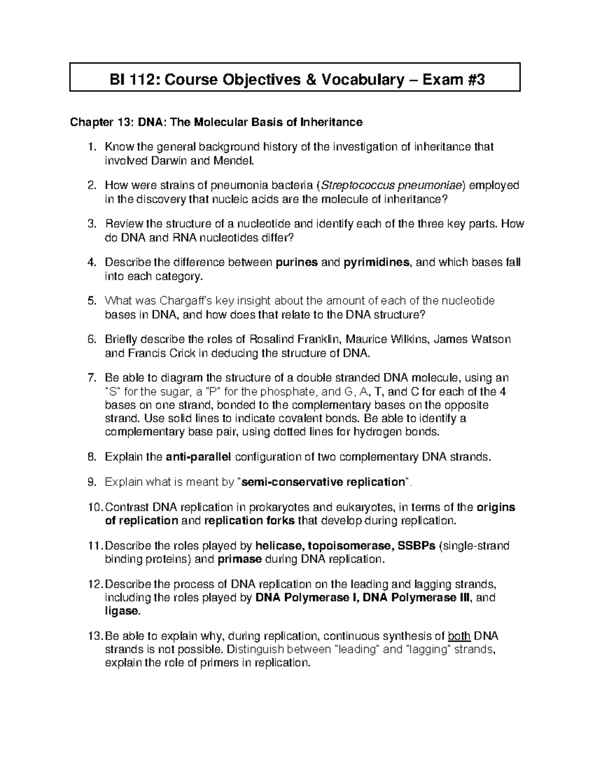 BI 112: Exam #3 Study Guide - DNA & Molecular Inheritance Concepts ...