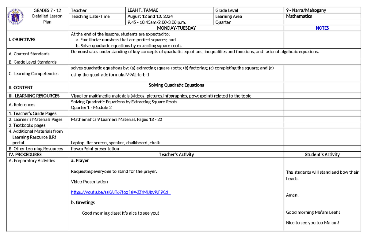 Grades 9 Math Lesson Plan: Understanding Value Judgment & Quadratics ...