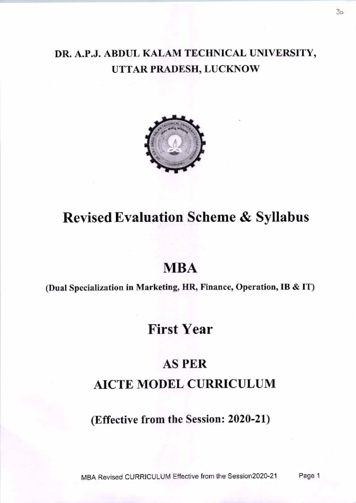 MBA 1st Year Evaluation Scheme as per AICTE Model Curriculum - Studocu