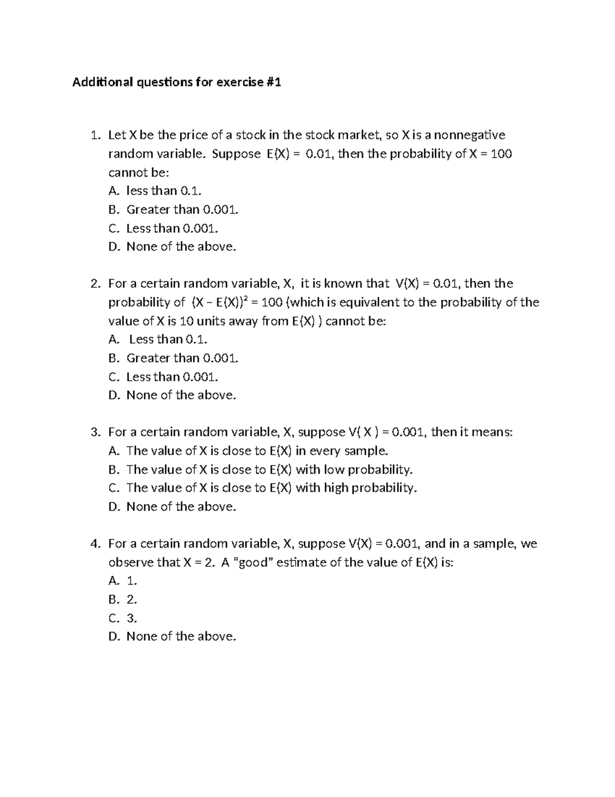 4000: Additional Questions for Exercise 1 on Random Variables - Studocu