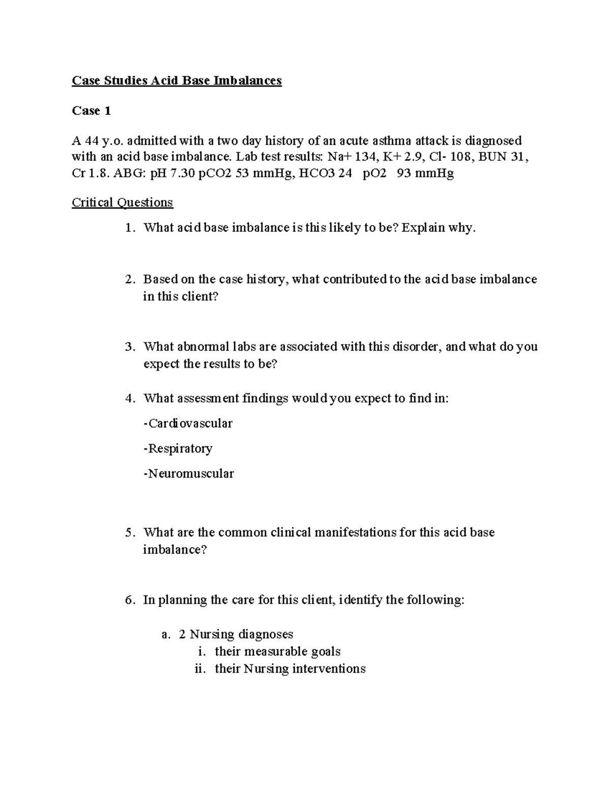 Acid Base Imbalances Case Studies: Test 1 Analysis - Studocu
