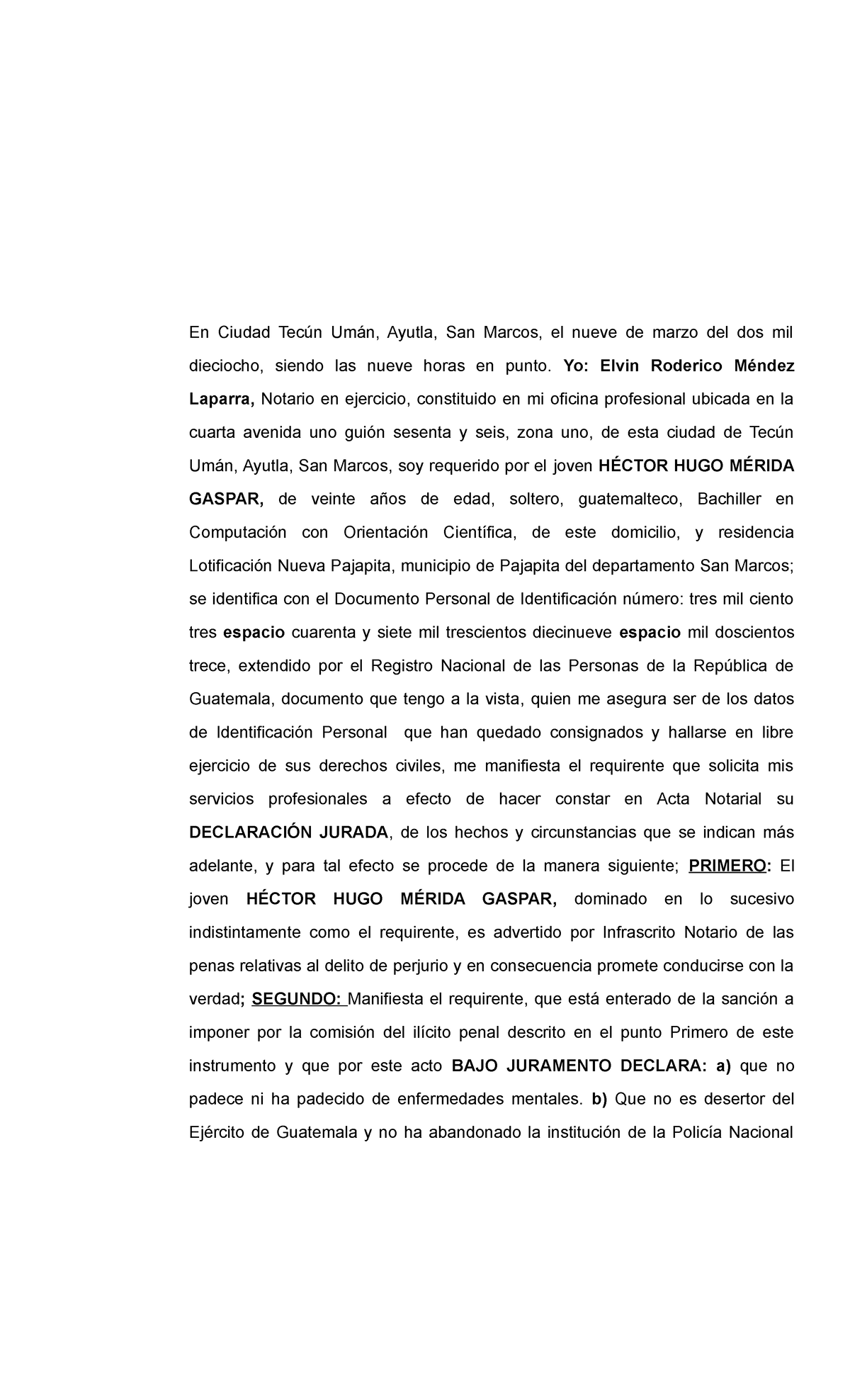 Declaración Jurada para Licencia de Arma de Fuego - San Marcos - Document Preview