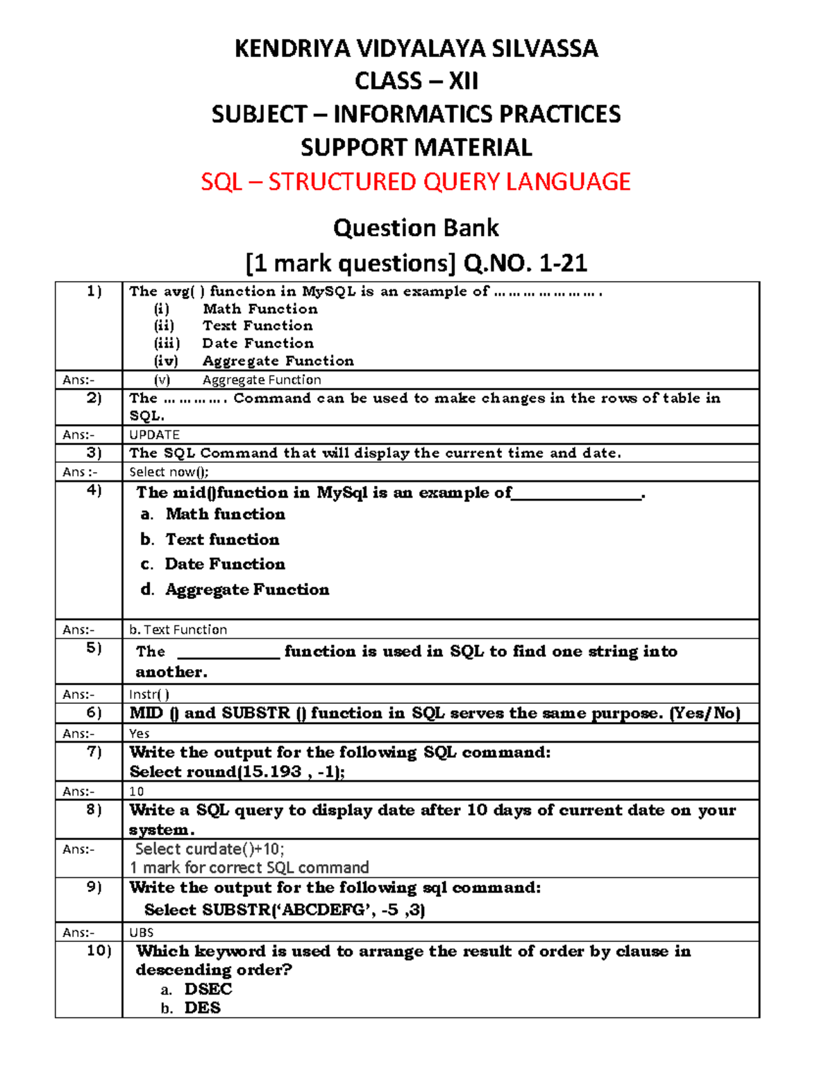 KVS XII IP Support Material: SQL Structured Query Language Question ...