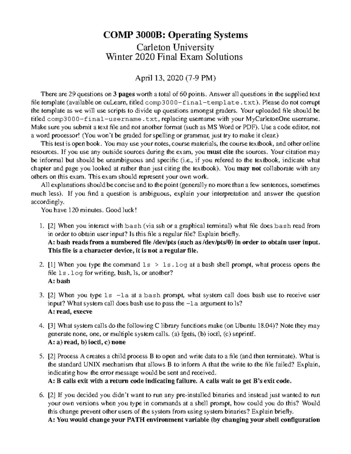 Final Exam Solutions for COMP 3000B: Operating Systems (Winter 2020 ...