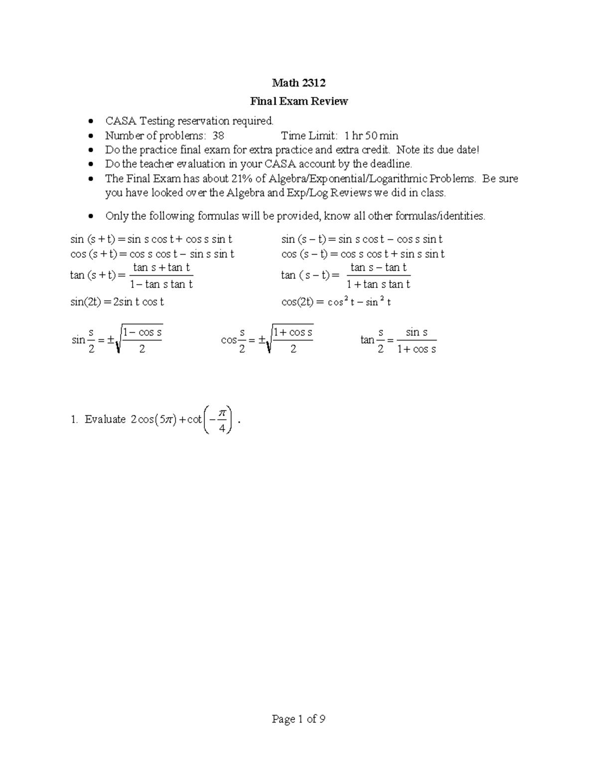 Math 2312 Final Exam Comprehensive Review Guide - Studocu