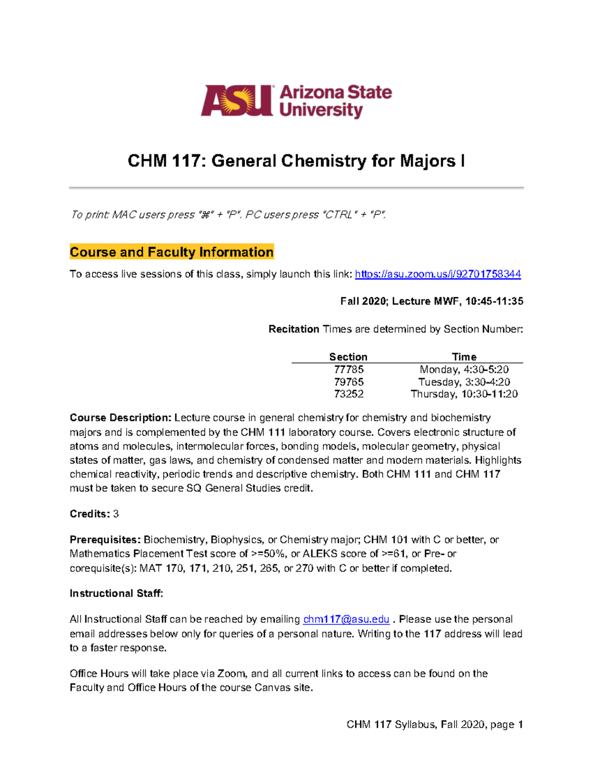 CHM117 Syllabus Fall 2020: General Chemistry for Majors I - Studocu