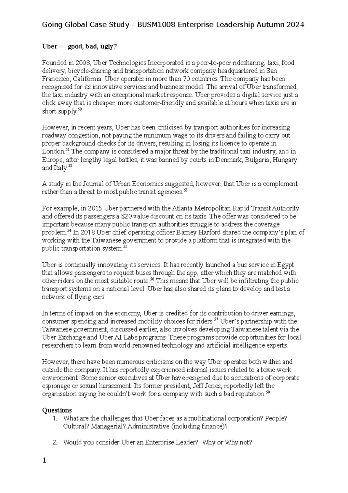 Going Global Case Study: Uber's Ventures and Challenges (BUSM1008 ...