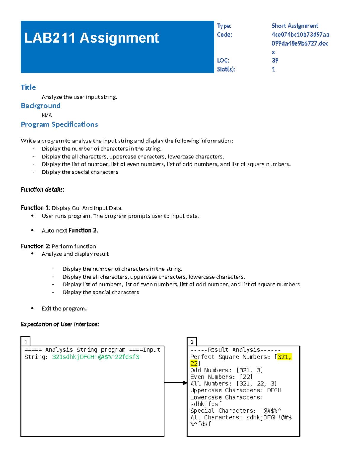 LAB211 Short Assignment: Analyzing User Input Strings - Studocu