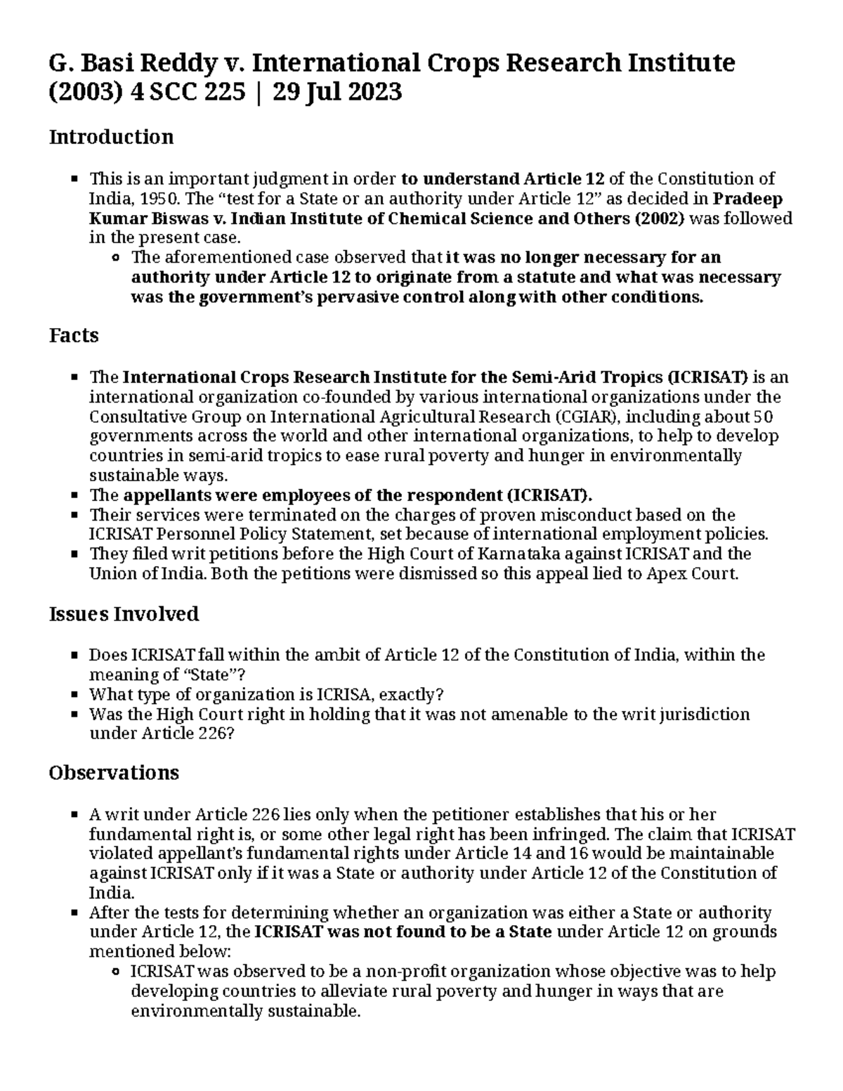 G. Basi Reddy v. ICRISAT: Analysis of Article 12 in Indian Law - Studocu