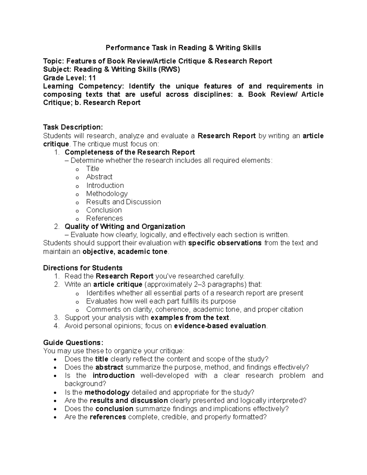 RWS 11: Performance Task - Book Critique Research Report - Studocu