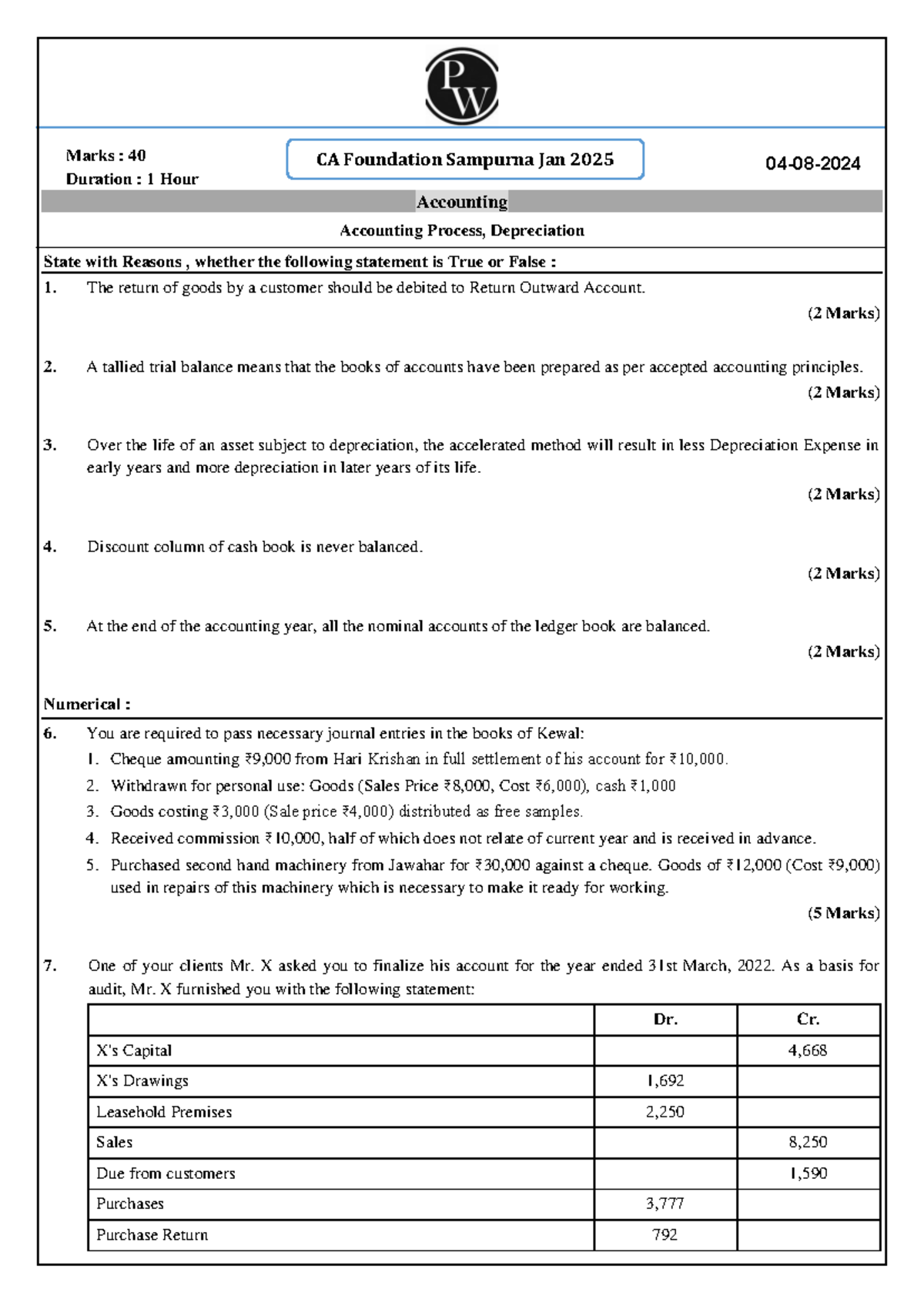 CA Foundation Practice Test 01 - Accounting & Business Laws - Studocu
