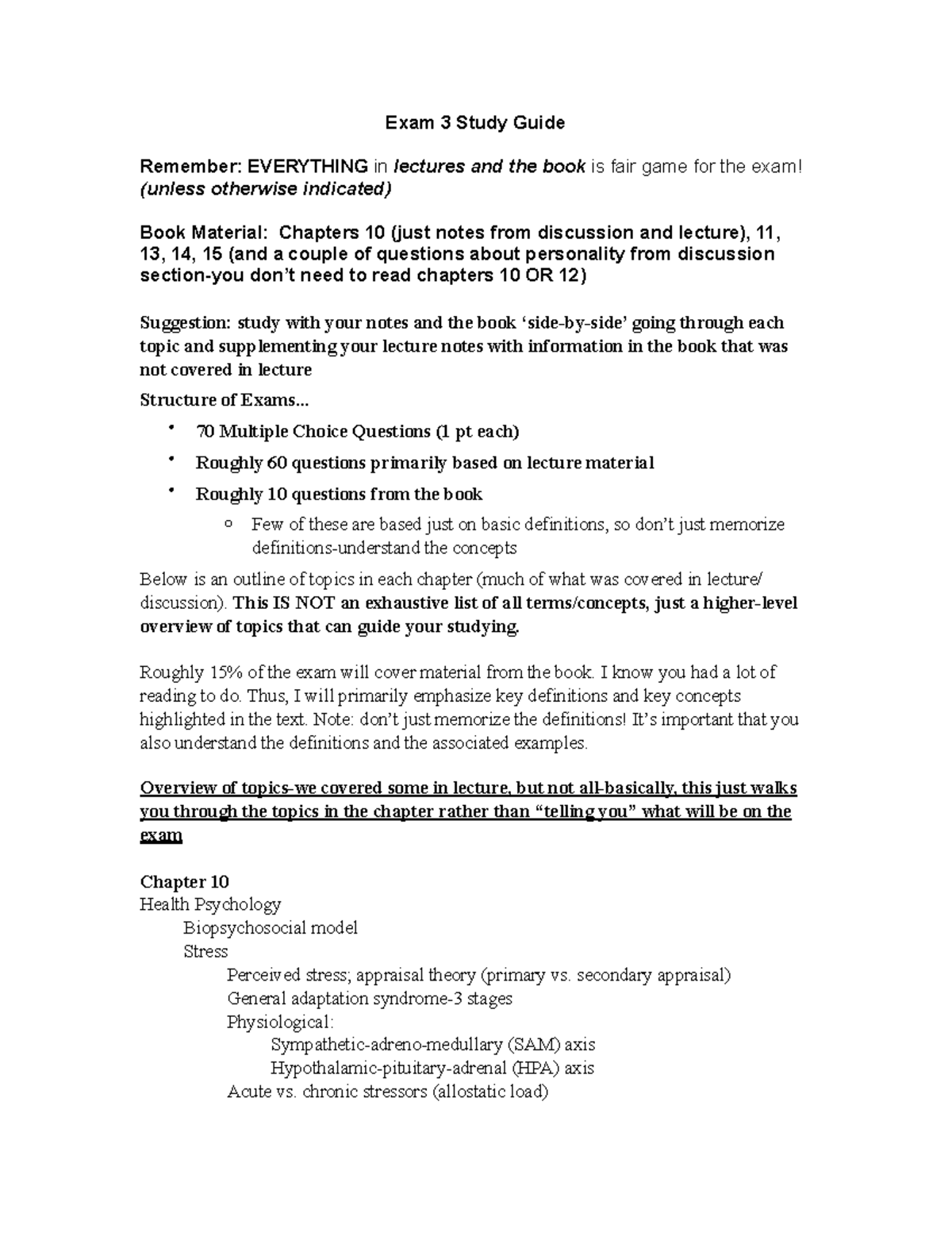 Exam 3 Study Guide: Key Concepts from Chapters 10, 11, 13-15 in Psych ...
