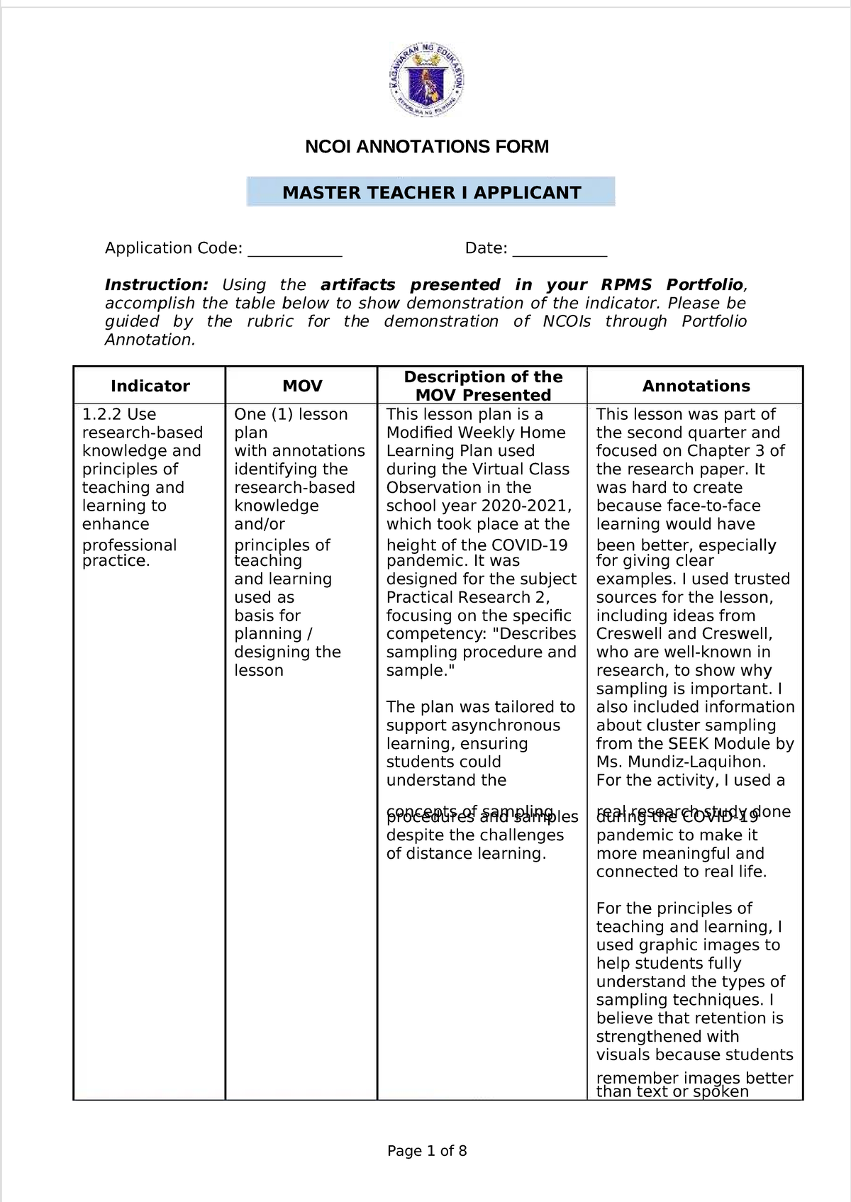 NCOI ANNOTATIONS FORM: MASTER TEACHER I APPLICANT Guide to RPMS ...