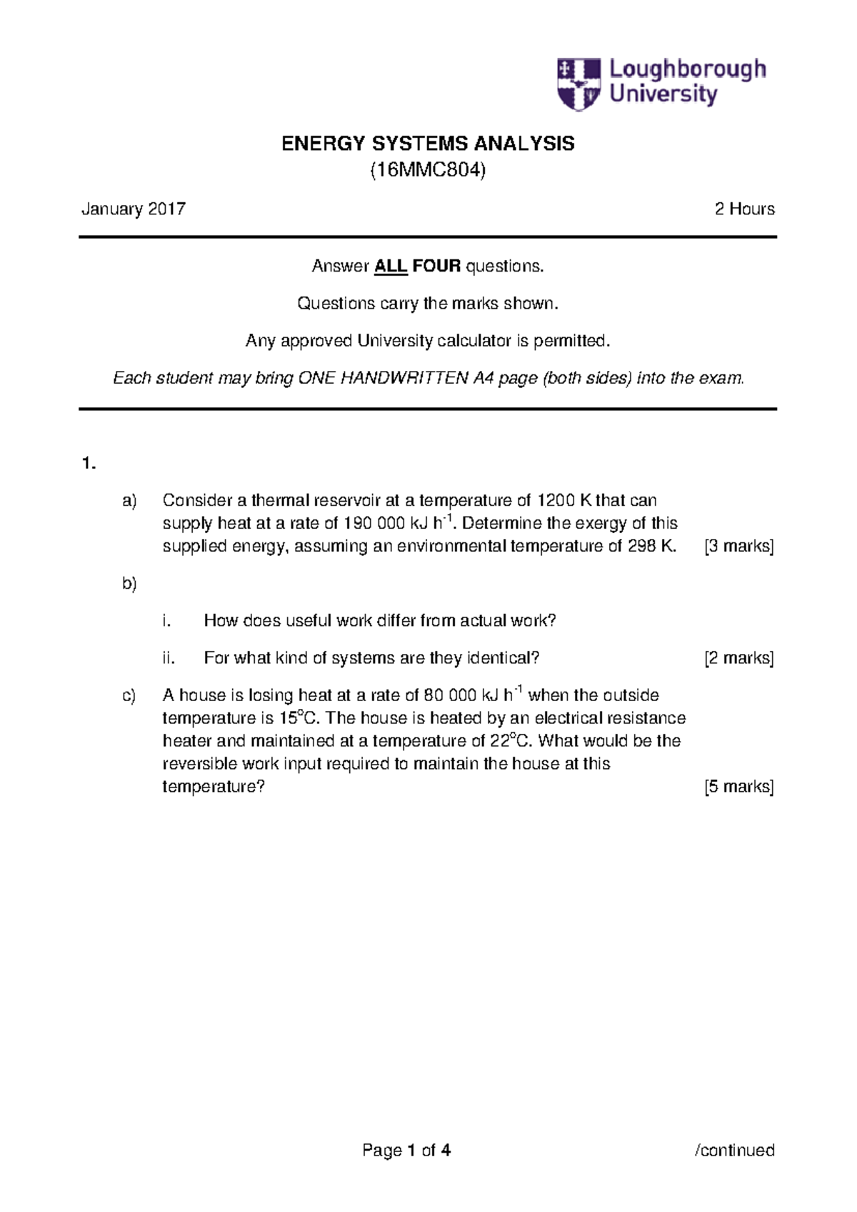 Energy Systems Analysis Exam questions - ENERGY SYSTEMS ANALYSIS ...