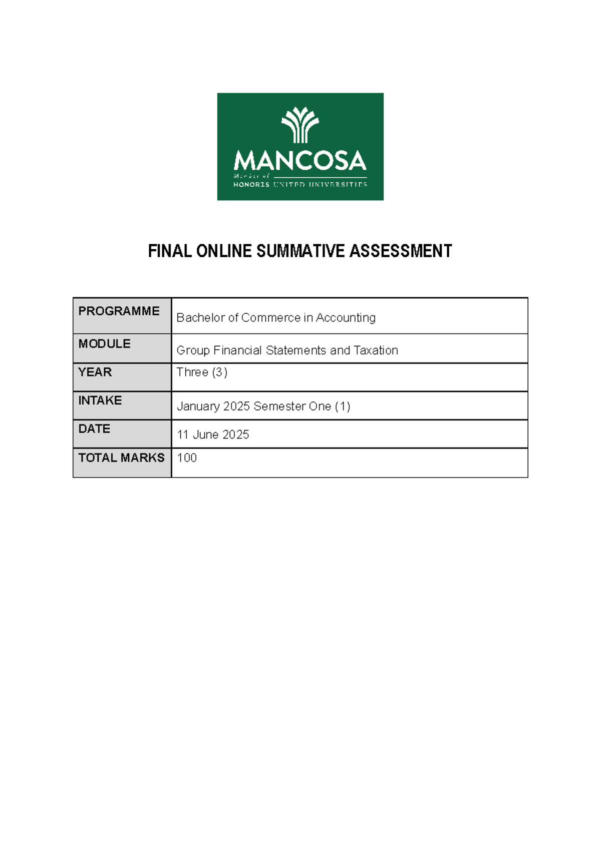 Final Exam: Group Financial Statements & Taxation (B.Com 2025) - Studocu