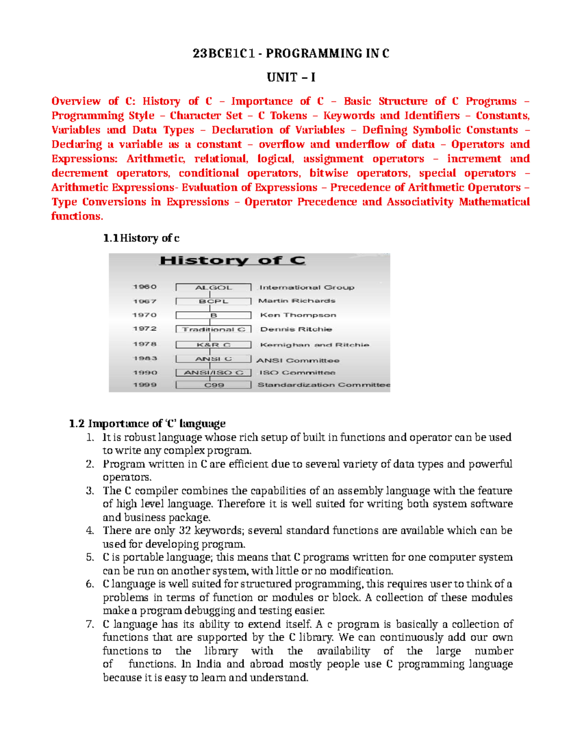23BCE1C1 - LECTURE NOTES ON PROGRAMMING IN C: UNIT I OVERVIEW - Studocu
