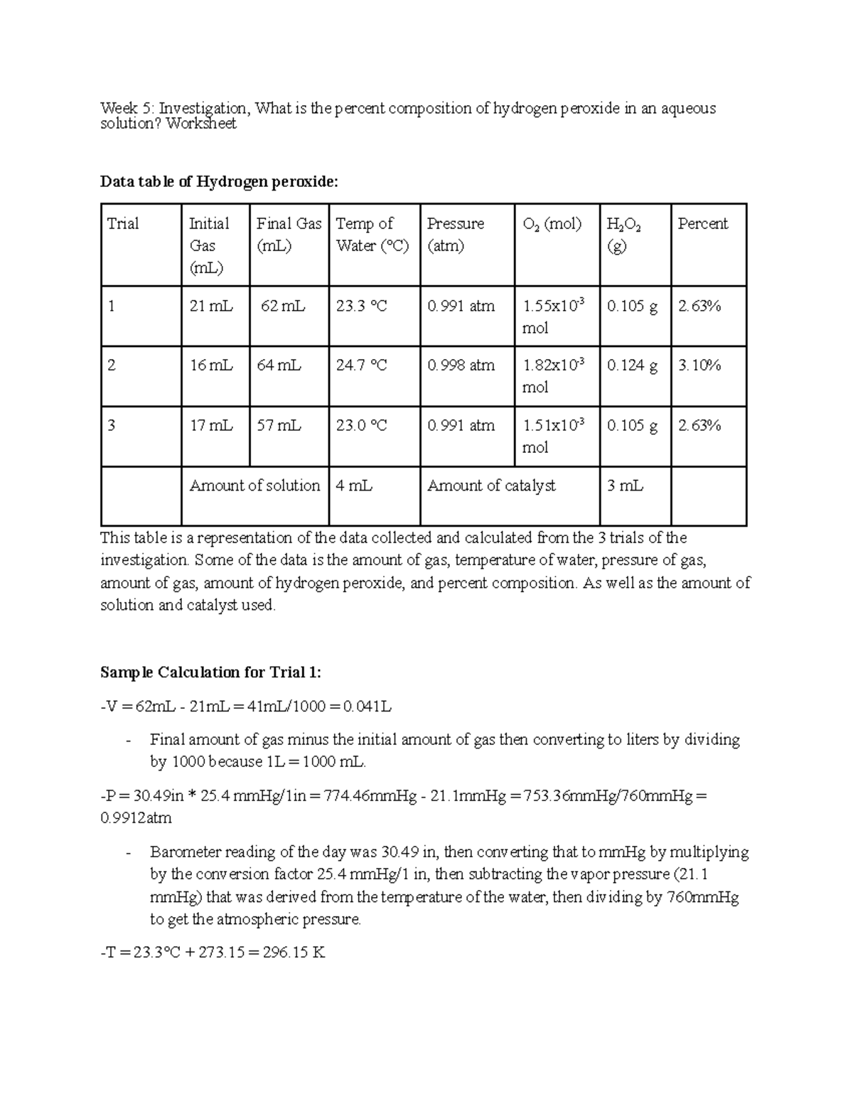 Chemistry Lab 228 Week 5: Hydrogen Peroxide Composition Investigation ...