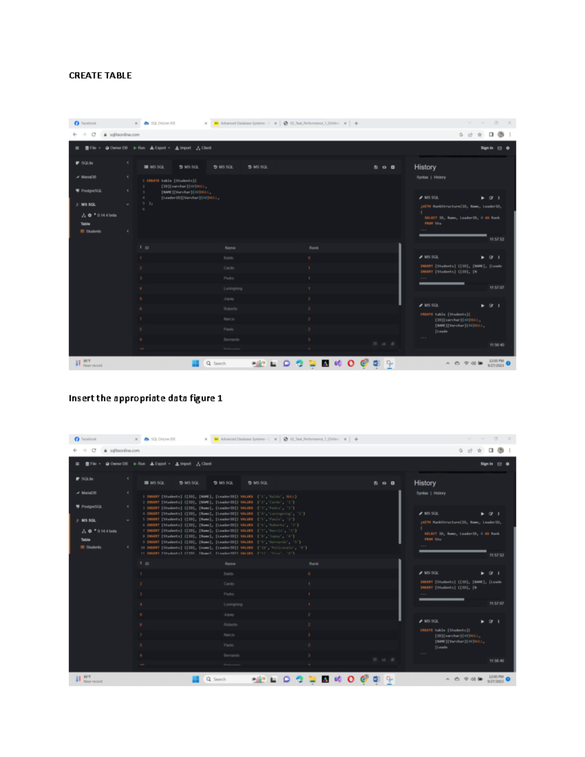 Data Base - Data Structure - CREATE TABLE Insert the appropriate data ...