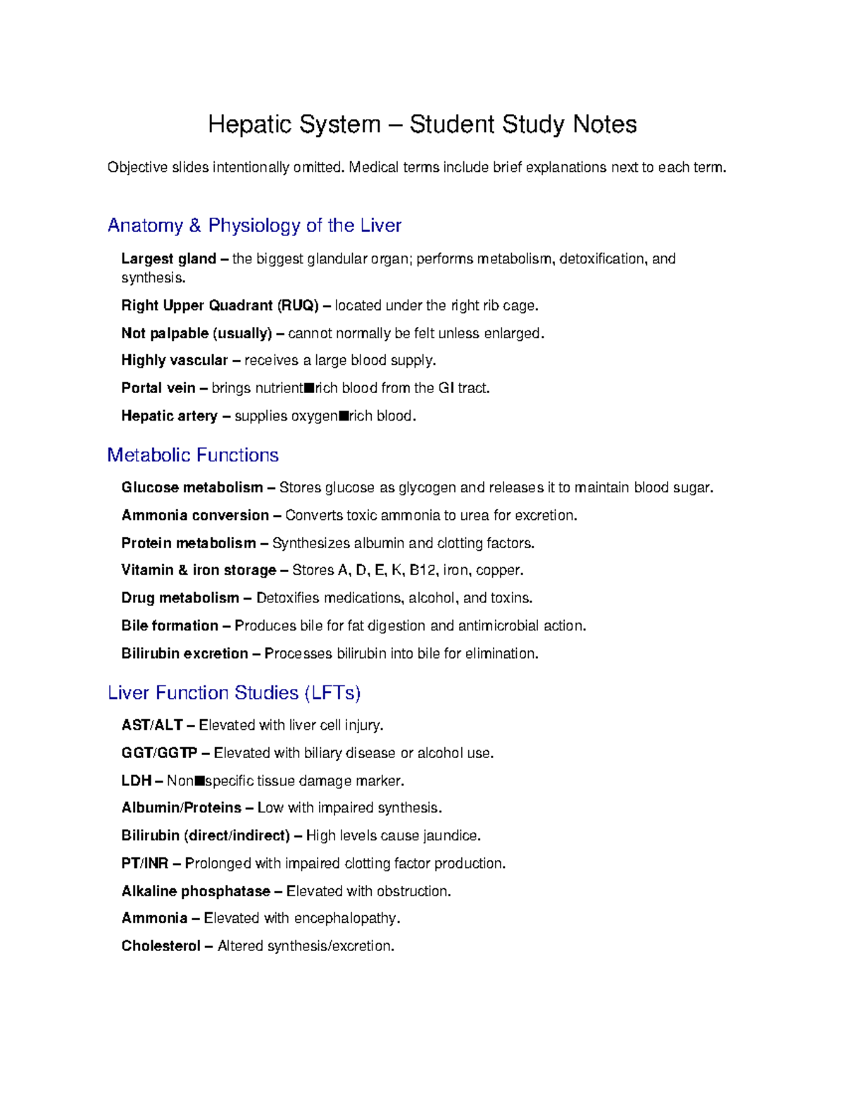 Hepatic System Study Notes: Anatomy & Functions Overview - Studocu