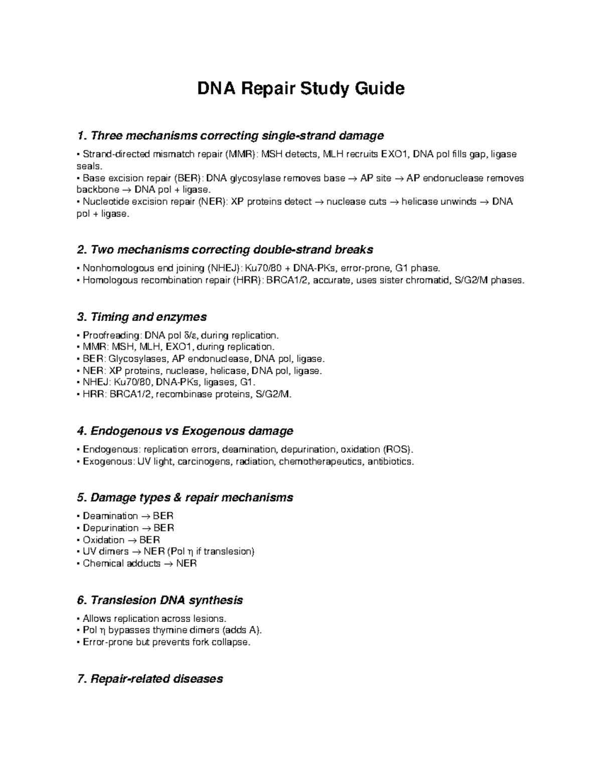 DNA Repair Mechanisms Study Guide (BIO 101) - Key Processes & Diseases ...
