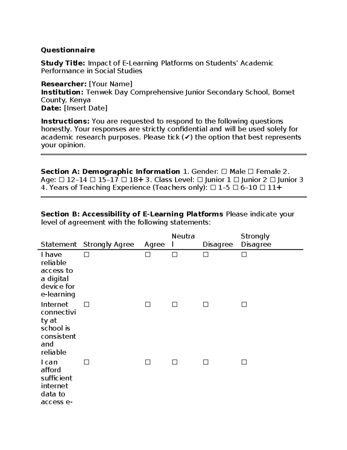 Questionnaire Study: Impact of Platforms on Academic Performance in ...