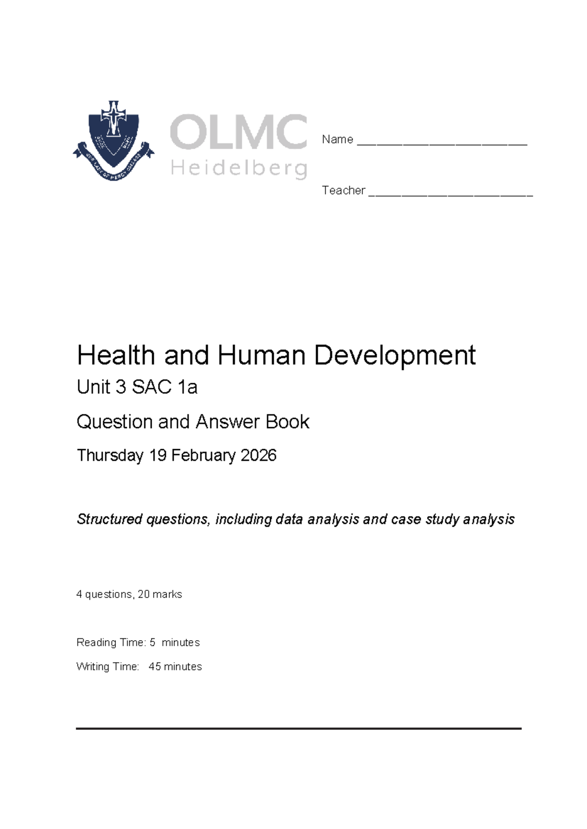 Health and Human Development Unit 3 SAC 1a Practice Q&A Guide - Studocu