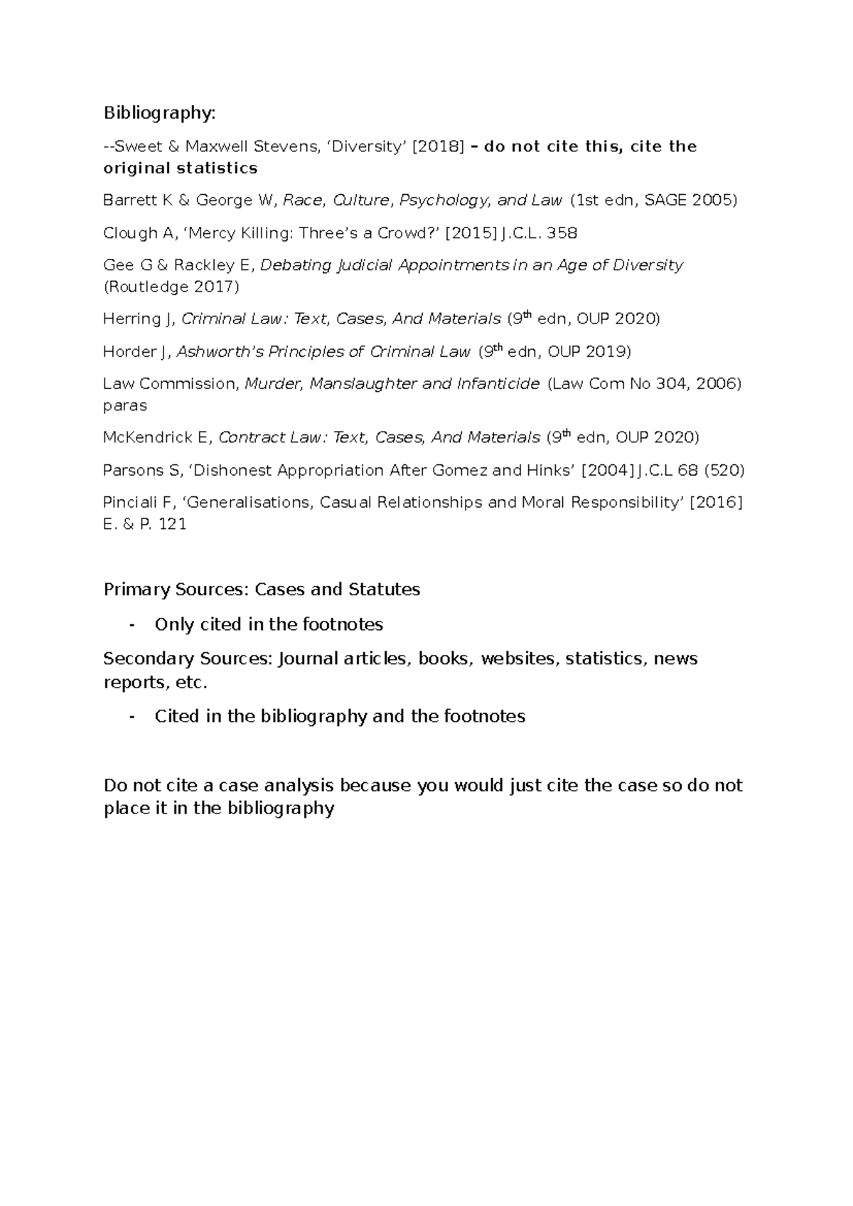Bibliography for Law Course: Key Sources and References - Studocu