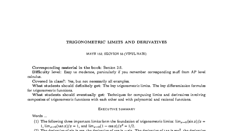 Trigonometric Limits & Derivatives - MATH 152, Section 55 Notes - Studocu