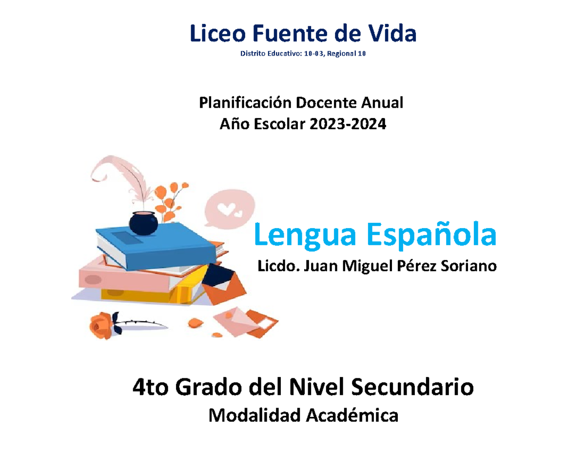 Plan de Clases de Lengua Española 4to Grado - Año Escolar 2023-2024 ...