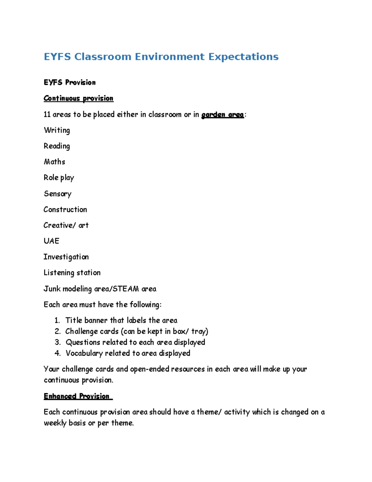 EYFS Learning Environment Checklist: Areas & Resources - Studocu