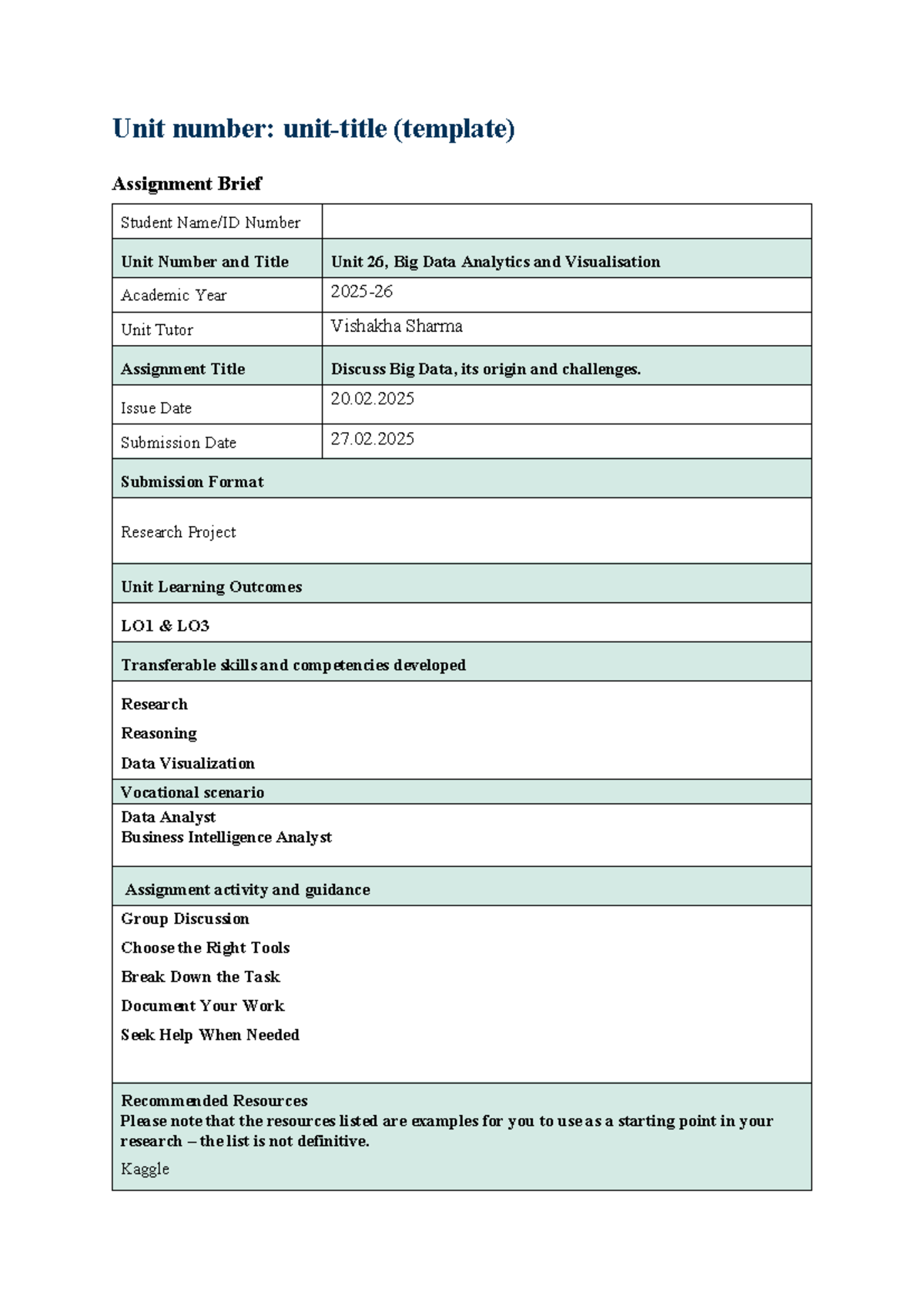 Unit 26: Big Data Analytics & Visualization - Assignment Brief - Studocu