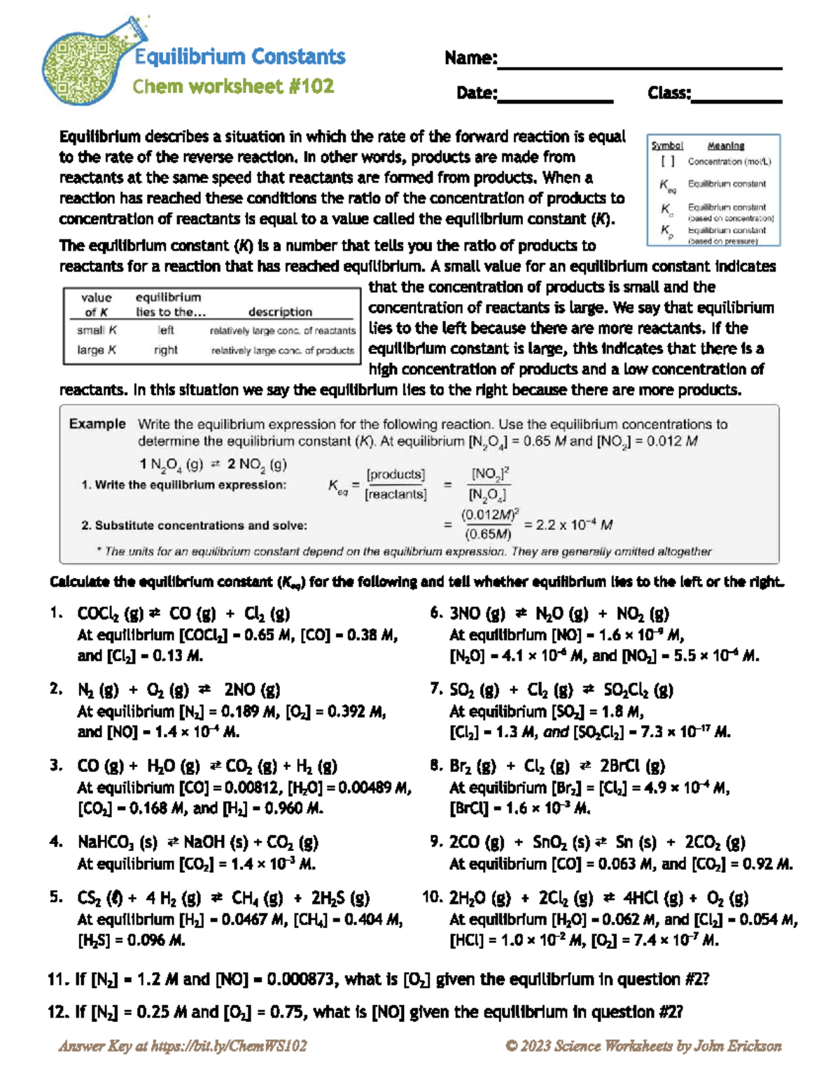 Chem 101: Equilibrium Constant Worksheet - K Values & Expressions - Studocu