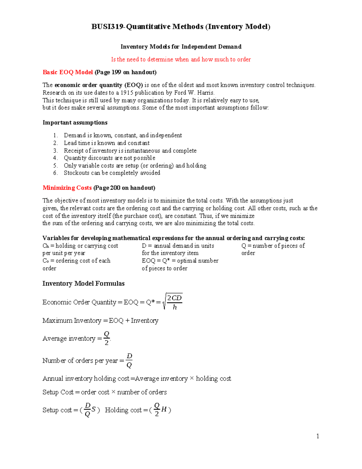 BUSI319 Inventory Model Lecture Notes on Economic Order Quantity (EOQ ...